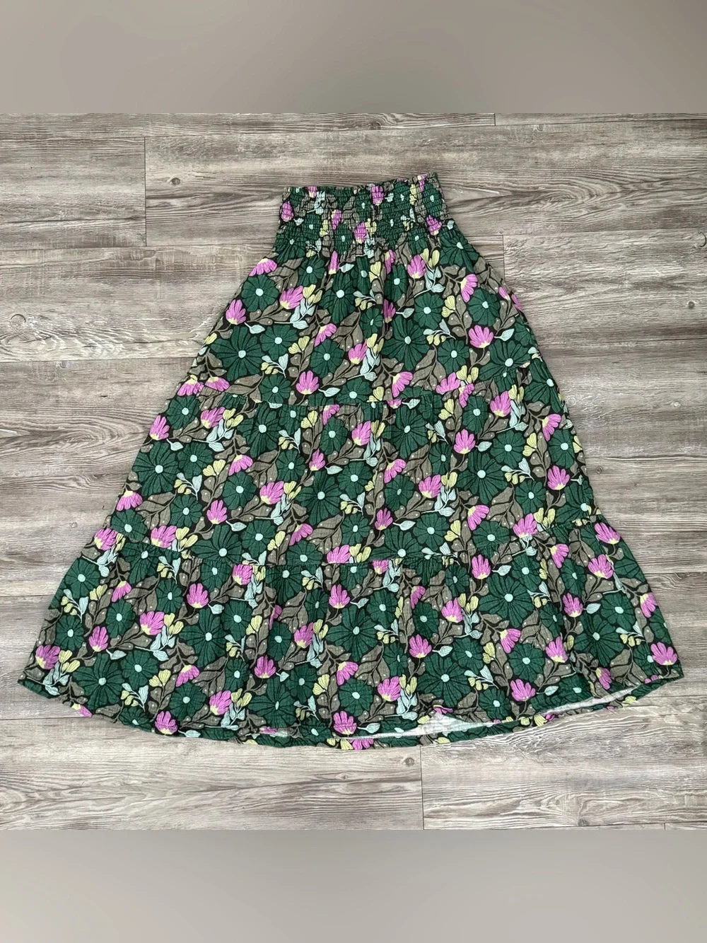 Marine Layer XS Floral Maxi Skirt Smocked Waist Tiered Green Pink Boho